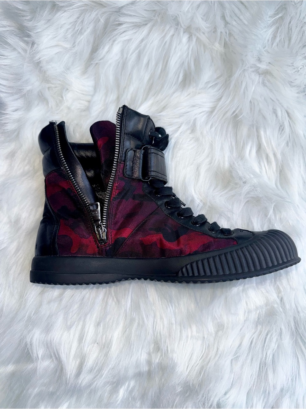 PRADA Women Black Leather Red Camo Textile Padded Collar Ankle Boots Sz 7.5 38 - Picture 11 of 17